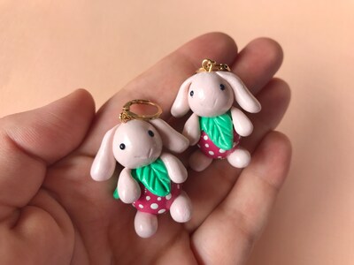 Strawberry bunny earrings, kawaii bunny earrings, cottagecore jewelry, cute bunny plushie earrings, quirky jewelry, funky earrings - image1